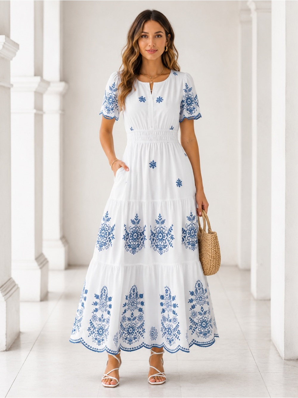 NEW Blue-Gray & White Boho Maxi Dress Embroidered Floral Pockets Cottagecore